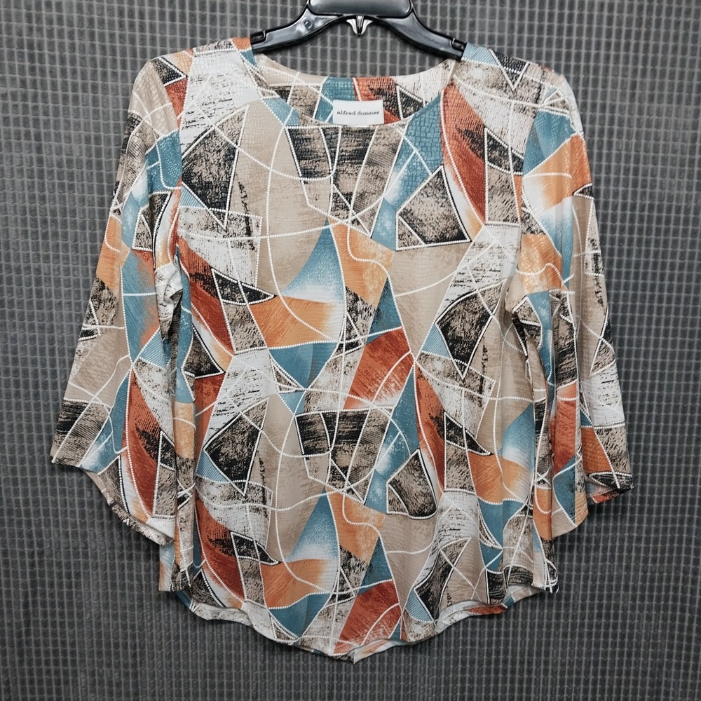 Alfred Dunner Women Top Geometric Abstract 3/4 Bell Sleeve M Multicolor